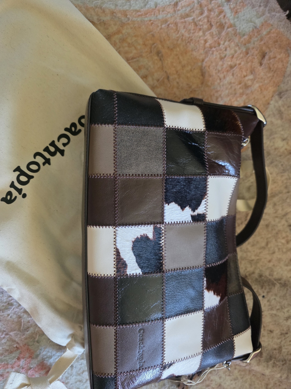 Coachtopia Patchwork Cowprint Leather Shoulder Bag in Brown & Cream - Picture 2 of 8